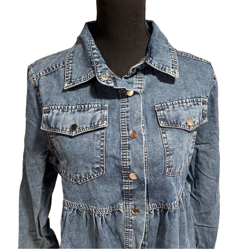 Women’s Denim Coat Elegant Button-Up Lapel Design Raw Hem Long Sleeve Loose Fit - Picture 4 of 16